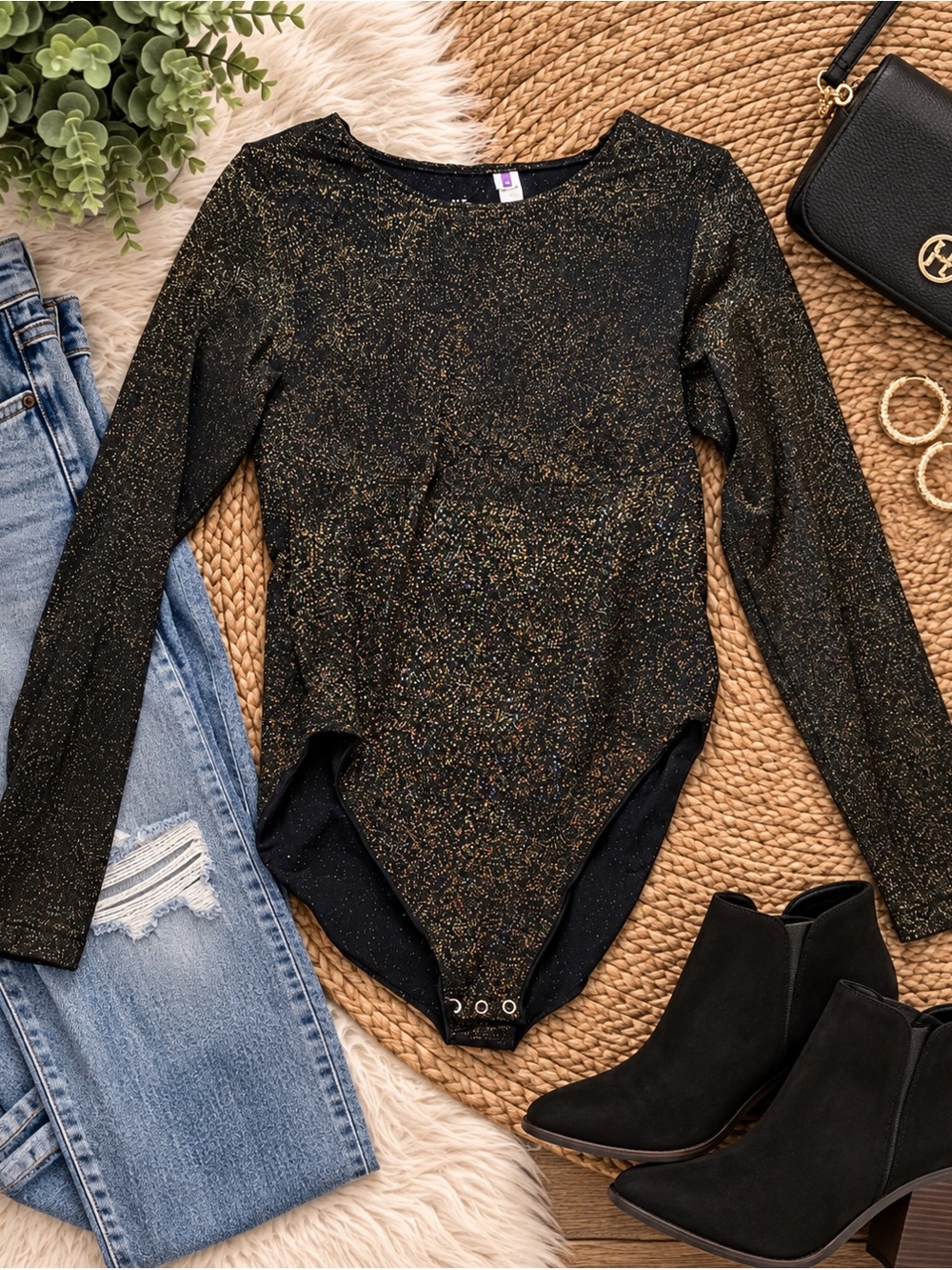 YITTY 1X/2X Black Gold Metallic Sparkle Long Sleeve Bodysuit Party Holiday